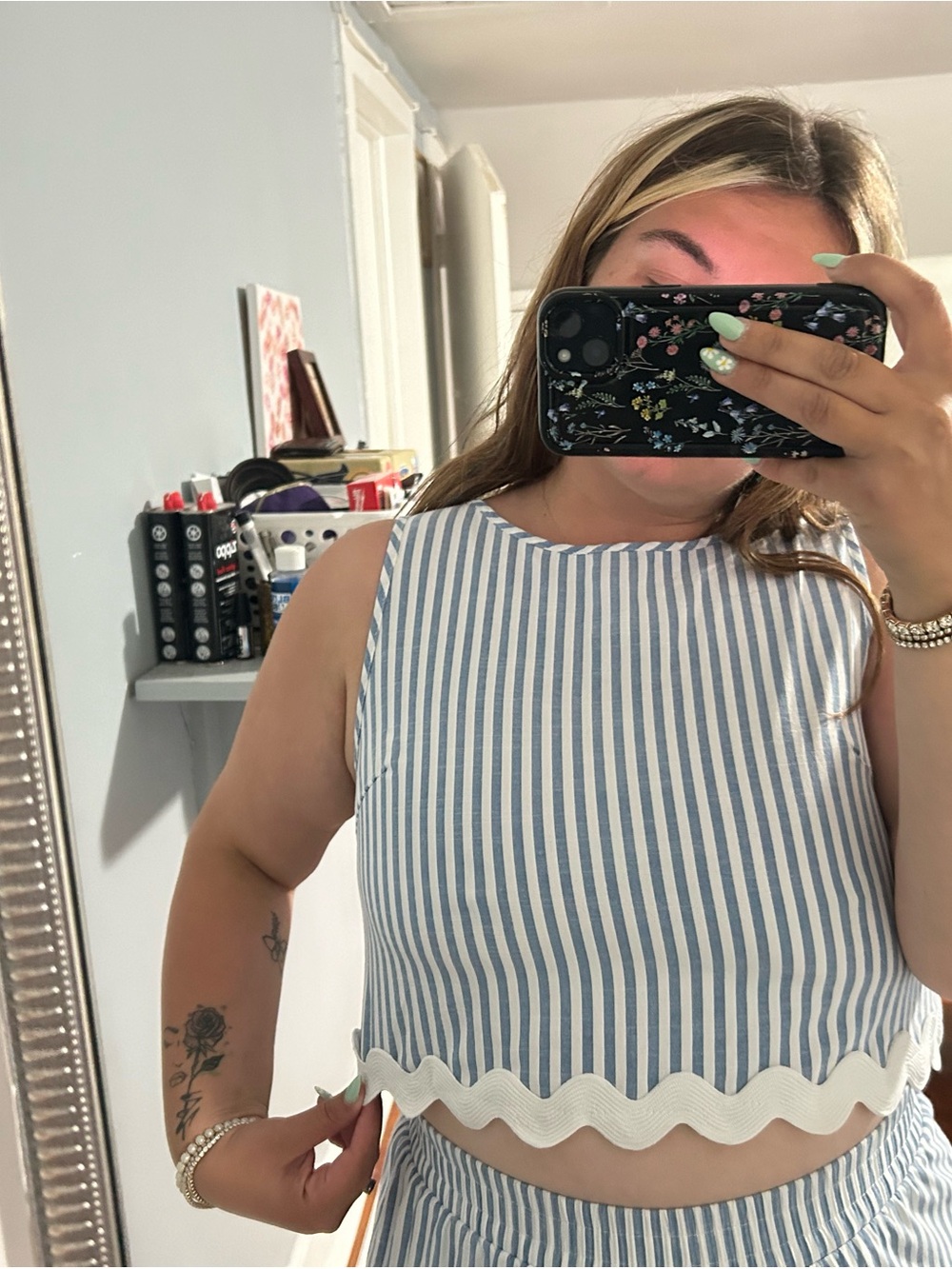 Striped Blue and White Sleeveless Crop Top - Women
